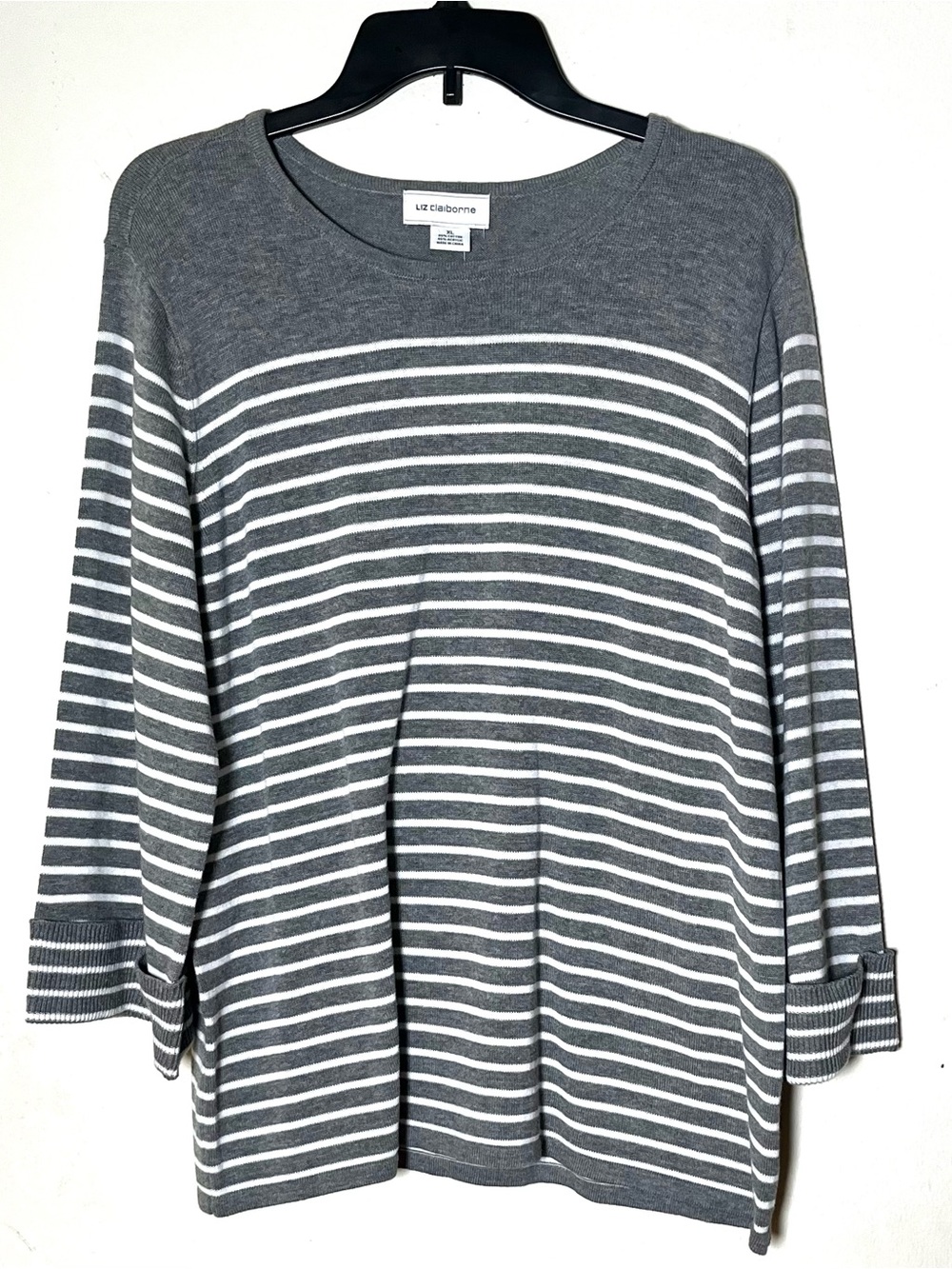 Liz Claiborne Gray & White Striped Long Sleeve Top